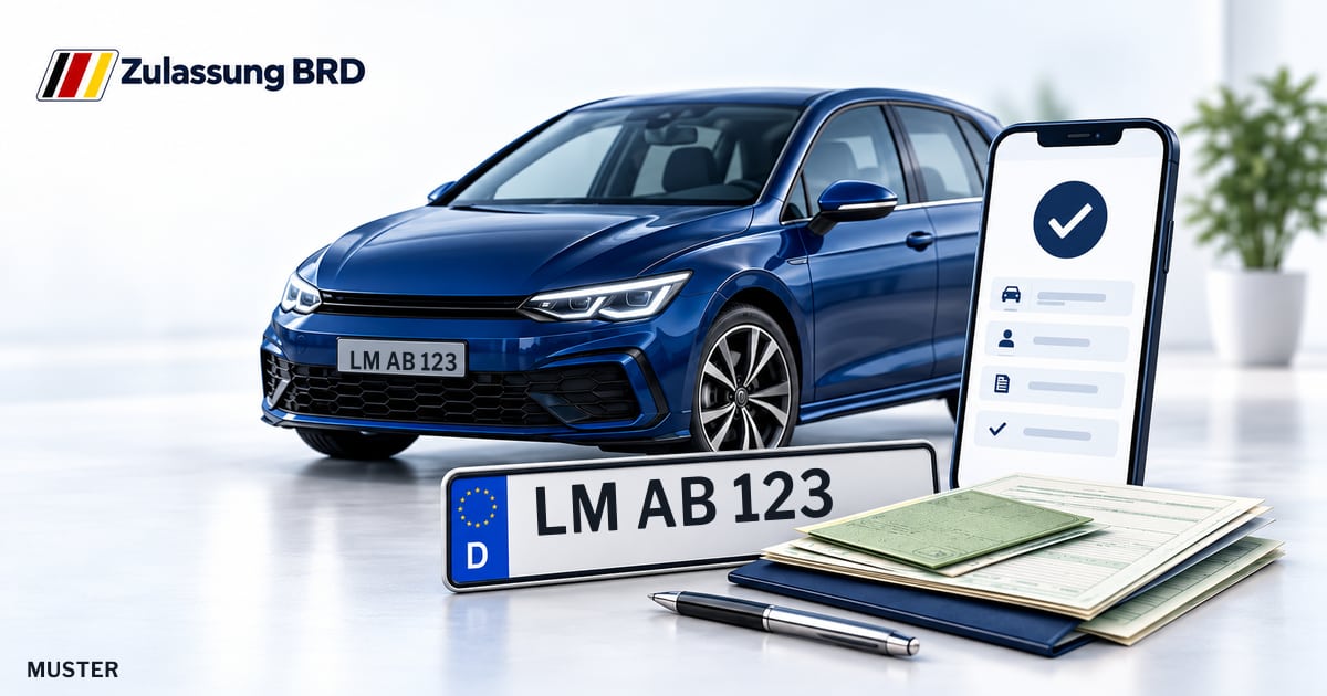 Online Fahrzeugzulassung in Brechen: Musterkennzeichen LM AB 123, Auto und Fahrzeugpapiere und Smartphone. Illustration mit Logo von Zulassung BRD.